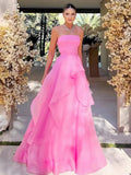 Gorgeous Fashion Pink A Line Strapless Organza Prom Dress Formal Gowns HZ0311