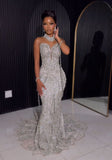 Modest Mermaid High Neck Silver Sequin Prom Dresses With Beads Gem Evening Party Formal Gown 20th Birthday Outfits HZ0311