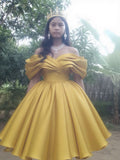 Charming Ball Gown Off The Shoulder Yellow Satin Inspiration Short Sleeves Short Prom Dresses Wedding Guest Dress Prom Gowns HZ0311