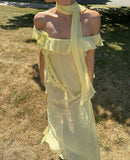 Simple A line Off The Shoulder With Scarf Prom Dresses Women Yellow Chiffon Sleeveless Vacation Wedding Guest Gown HZ0311