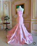 Beautiful Mermaid Strapless Pink With Flowers Maxi Long Party Satin Prom Dresses Evening Dress HZ0311