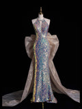 Sparkly Mermaid Scoop Neck Sequin Sleeveless Long Prom Dresses Formal Gowns Evening Dress HZ0311