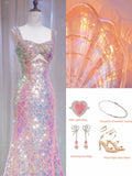 Sparkly Mermaid Sweetheart With Straps Pink Sequined Formal Evening Dress Gowns Long Prom Dresses HZ0311