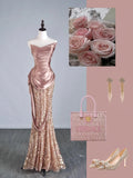 Modest Mermaid Sweetheart Pink Sequin With Pleated Ruffles Long Prom Dresses Night Semi Formal Dresses HZ0311