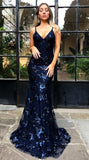 Elegant Mermaid Halter Sleeveless Navy Blue With Lace Long Sequins Backless Prom Dresses Vestidos De Dia HZ0311