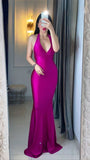 Unique Mermaid Halter Fuchsia Satin Prom Dresses Long Party Dress 21st Birthday Outfits Graduation Dress HZ0311
