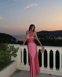Unique Mermaid Halter Silk Satin Pink Prom Dresses Long Party Dress 21st Birthday Outfits Graduation Dress HZ0311