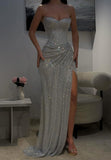 Sweetheart Sleeveless Ruch Side Slit Sheath Sparkly Prom Dresses HZ0311