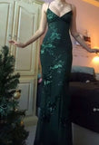 Dark Green Mermaid V-neck Long Evening Prom Dresses, Spaghetti Straps Appliques Prom Dress HZ0311