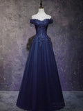 Sparkly A line Off The Shoulder Marine Ball Dresses Floor Length Formal Gowns Navy Blue Lace Prom Dresses Evening Dress HZ0311