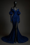 Modest Mermaid Off The Shoulder Royal Blue Sequin With Slit For Women Party Dress Long Formal Prom Dresses 22th Birthday Outfits HZ0311