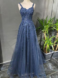 Modest A Line Spaghetti Strap Navy Blue Tulle Long Prom Dresses Graduation Dance Evening Outfits HZ0311
