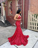 Unique Mermaid Halter Red Sequins Prom Dresses Long Party Dress 21st Birthday Outfits Graduation Dress HZ0311