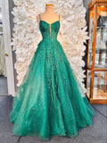 Modest Ball Gown Spaghetti Strap Green Tulle Prom Dresses Long Sweet 16 Birthday Party Dress Evening Dresses HZ0311