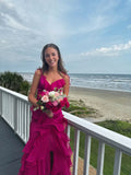Charming Mermaid Spaghetti Straps Hot Pink Chiffon Slit Inspiration Long Prom Dresses Evening Party Dress Prom Gowns HZ0311