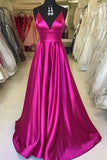 Simple A line Spaghetti Strap Hot Pink Satin Long Prom Dresses Formal Gown Inspo Evening Outfits HZ0311
