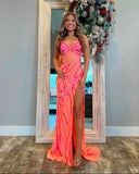 Unique Mermaid Spaghetti Straps Pink Sequins Slit For Teens Long Evening Dresses Prom Dress HZ0311
