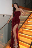 Exquisite Burgundy Spaghetti Straps Prom Dresses Slimming Split with Sequins HZ0311