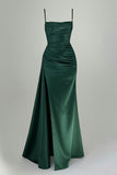 Unique Mermaid Spagehtti Straps Dark Green Satin With Slit Long Prom Dresses Formal Gown Inspo Evening Outfits HZ0311