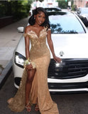 Gorgeous Gold Mermaid High-slit Sequined Long Prom Dress Evening Dress With Beads HZ0311