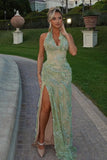 Gorgeous Mermaid Halter Neck Green Long Party Dress With 3D Flowers Evening Gowns HZ0311