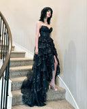 Unique Ball Gown Sweetheart Lace Black With High Slit Side Prom Dresses Long Party Dress 22th Birthday Outfits Graduation Dress HZ0311