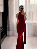 Unique Mermaid Halter One Shoulder Burgundy Long Prom Dresses Formal Gown Inspo Evening Outfits HZ0311