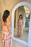 Elegant A Line Spaghetti Straps Floral Print Ruffles Long Prom Dress Party Gowns HZ0311