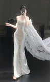 Charming Mermaid Strapless White Champagne Satin Pearls Inspiration Long Prom Dresses Evening Party Dress Prom Gowns HZ0311