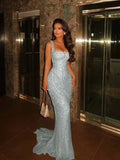 Lavish Mermaid Square Sleeveless Beaded Mermaid Prom Dress Formal Evening Gowns HZ0311