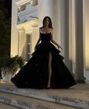 Gorgeous A Line Strapless Sleeveless Lace Up Floor-Length Black Slit Prom Dresses Vestidos Evening Gowns HZ0311
