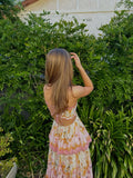 Elegant Spaghetti Straps Floral Print Ruffles Long Prom Dress Party Gowns HZ0311