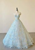 Vintage Ball Gown Sweetheart Light Sky Blue Sequins Flowers Long Quinceanera Dress Sweet 15 16 Dresses HZ0311