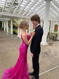 Sparkly Mermaid Spaghetti Straps Hot Pink Sequined For Women Party Dresses Long Formal Prom Dress 22th Birthday Gown HZ0311