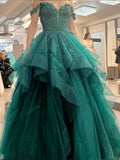 Modest Ball Gown Off The Shoulder Tulle Lace Appliqued Green Long Prom Dress Evening Formal Gowns HZ0311