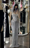 Modest Mermaid Square Neck Silver Sequin Prom Dresses With Beads Gem Evening Party Formal Gown 20th Birthday Outfits HZ0311