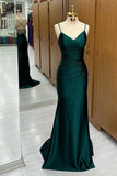 Shinning Mermaid Spaghetti Straps Dark Green Satin For Women Party Dresses Long Formal Prom Dress 22th Birthday Gown HZ0311