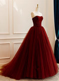 Unique Ball Gown Strapless Burgundy Tulle Prom Dresses With Lace Long Party Dress 22th Birthday Outfits Graduation Dress HZ0311