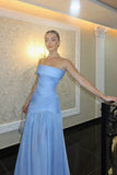 Gorgeous Chic Blue Strapless Sleeveless A Line Long Prom Dresses With Pleated Formal Gowns HZ0311
