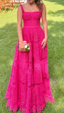 Modest A line Spaghetti Strap Hot Pink Lace Senior Prom Dresses Long Formal Party Gowns HZ0311