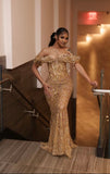 Glittery Mermaid Off The Shoulder Prom Dresses For Black People Girls Gold Sequin Beaded Crystals Long Formal Evening Party Gown HZ0311