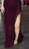 Glamorous Dark Off The Shoulder Burgundy Sequined Long Slit Prom Dresses Mermaid With Beads HZ0311