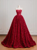 Timeless Ball Gown Strapless Burgundy Floral Tulle Long Prom Dresses Inspiration Party Gowns HZ0311