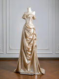 Sparkling Mermaid Off The Shoulder Gold Satin Long Prom Dresses Impress 18th Birthday Outfits Party Gown HZ0311