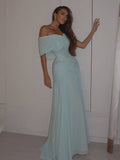 Sexy Mermaid Off The Shoulder Light Sky Blue Chiffon Prom Dresses Party Dress Long Evening Dresses HZ0311