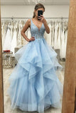 Dream Ball Gown Prom Dress Women V Neck Light Sky Blue Tulle Long Formal Dance Evening Party Gowns HZ0311