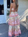 Elegant A Line Spaghetti Straps Floral Print Ruffles Long Prom Dress Party Gowns HZ0311