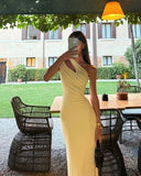 Modest Night Aesthetic Mermaid One Shoulder Yellow Long Prom Graduation Formal Dresses For Teens HZ0311