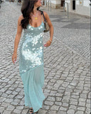 Elegant Mermaid Spaghetti Straps Blue Sequins Long Prom Dresses For Teens Evening Outfits Graduation Formal Dress HZ0311