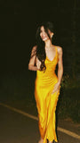 Simple Mermaid Spaghetti Strap Yellow Satin Ruffles Graduation Formal Dress For Teens HZ0311